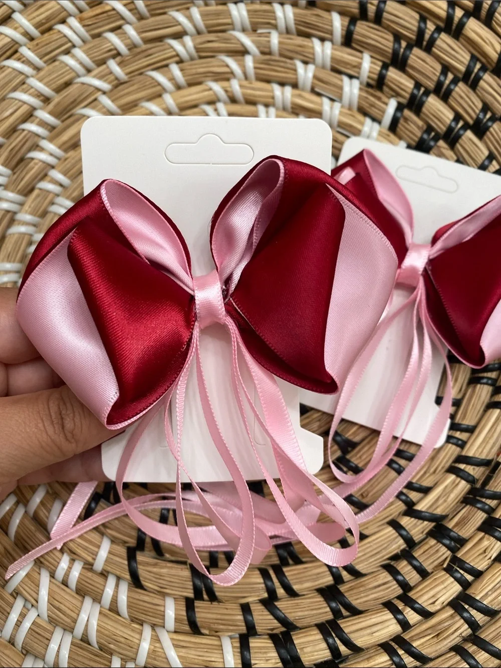 Pink and Burgundy Satin Ribbon Hair Bows with Streamers